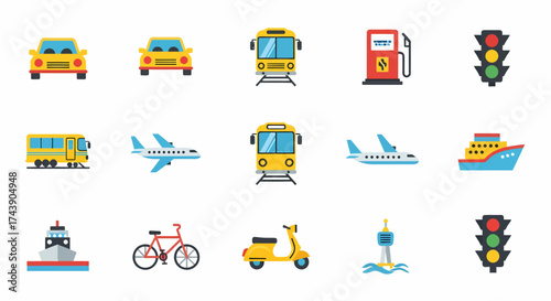 Colorful flat vector icon set of public and private transportation vehicles and travel elements.