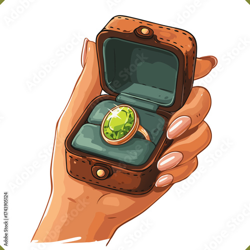 Vector illustration of a female hand holding a jewelry box with a green gemstone ring, isolated on a white background