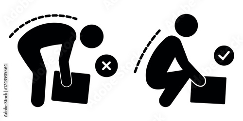 Stickman lifting and dropping heavy box icon, posture and back injury warning pictogram, workplace safety concept, minimal black symbol for caution and ergonomic awareness