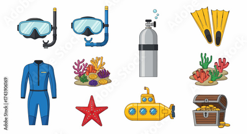 Diving Gear, Marine Life, and Underwater Exploration Items Collection.