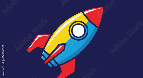 Colorful cartoon rocket ship, red nose, yellow/blue body with white window, on dark blue background