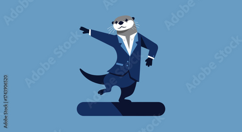 An otter in a suit balances on a dark blue beam, pointing, against a light blue background