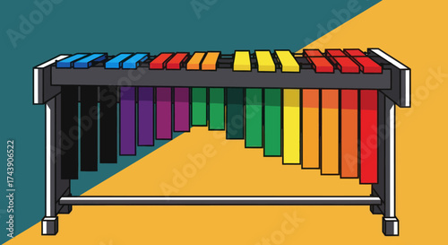 A colorful, stylized xylophone with rainbow keys on a vibrant two-tone background