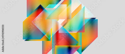 Abstract geometric shapes overlap, creating vibrant color blends. Composition feels dynamic, modern, visually complex.