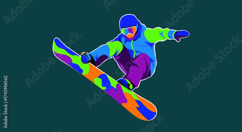 A vibrant snowboarder in mid-air, graphic style, on a teal background