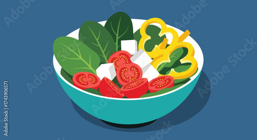 A colorful illustration of a salad in a teal bowl, featuring tomatoes, feta, spinach and peppers