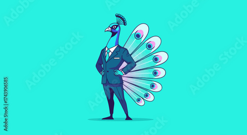 A stylized peacock wearing a suit, confidently posed against a solid teal background