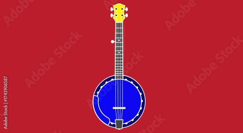 A banjo, with a yellow head and a blue body, stands out against a red background