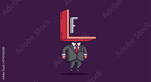 A surreal image depicting a business suit floating below a red "L" and a small, white "F" in air