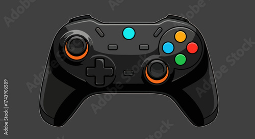 Black cartoon video game controller with colored buttons and thumbsticks on a gray background