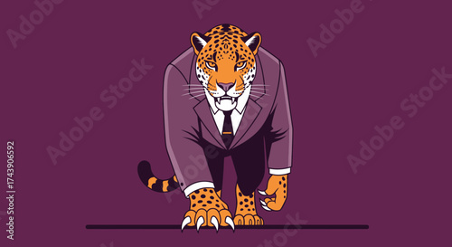 A jaguar in a purple suit stares forward with an intense gaze. Background is the same shade