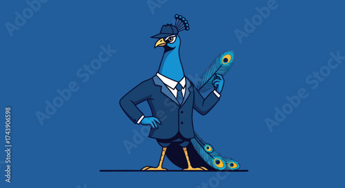 A peacock cartoon in a suit and hat holding a feather, on blue background