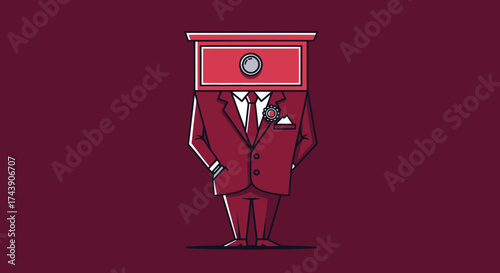 A man with a drawer for a head, dressed in a burgundy suit, stands against a burgundy background