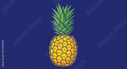 A vibrant cartoon pineapple with green spiky leaves atop a yellow, textured body on blue