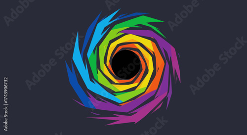 A colorful, abstract swirling vortex with a black center on a dark background