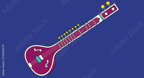 A purple and cream-colored stringed Indian instrument with blue and yellow accents on a blue background