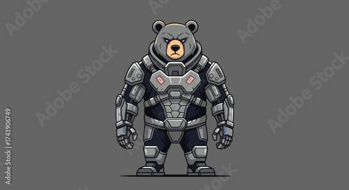 A pixel-art grizzly bear in futuristic armor stands, staring forward with a stern expression