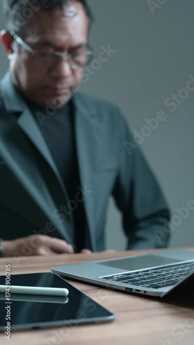 Mature businessman typing laptop. Professional hands working keyboard. Digital tablet, stylus nearby. Focused executive performing tasks. Business technology concept. Remote work productivity. Modern