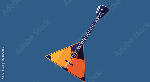A colorful, triangular stringed instrument, angled on a blue background