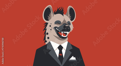 Cartoon hyena in a suit smiles broadly against a red backdrop, complete with tie and pocket square