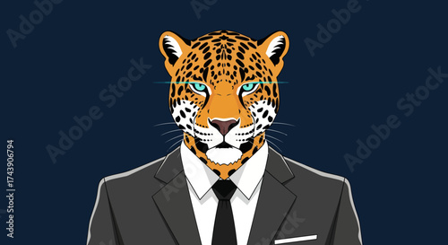A jaguar head, wearing a suit and tie, stares forward against a navy backdrop with cyan eyes