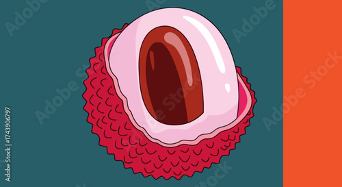 Vector illustration of a half-cut lychee fruit. Red, pink, and brown tones dominate. Teal and orange background
