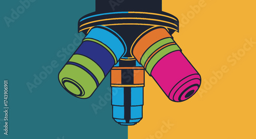 A colorful graphic of a microscope, set against a split background