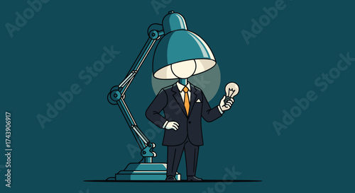 Cartoon image depicts a man in a suit with a lamp for a head, holding a lightbulb