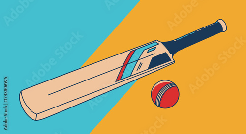 A graphic illustration featuring a cricket bat, ball, and two-toned background in vibrant colors