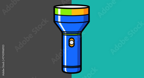 A cartoon flashlight with blue body, green/orange top, and a button on a grey/teal background