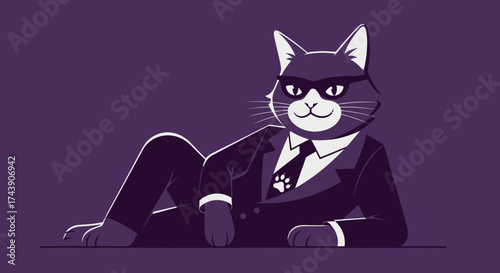 A cool cat reclines, wearing a suit and sunglasses, paw print on tie, on a purple backdrop