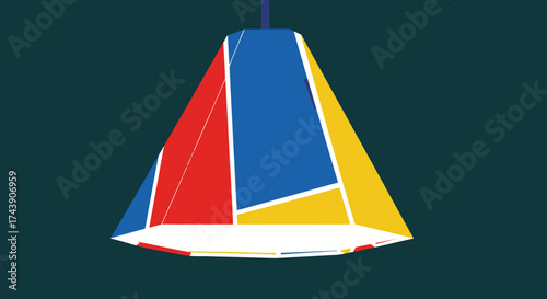 Geometric pendant light in blue, red, and yellow segments, hanging on a teal background