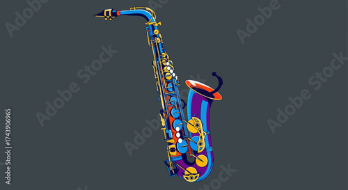 A vibrant, stylized illustration of a saxophone, rendered in bold, contrasting colors against a grey backdrop