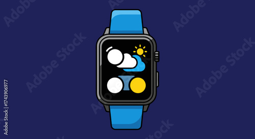 Digital smartwatch showing weather icons on a blue band. Illustration on a dark blue background