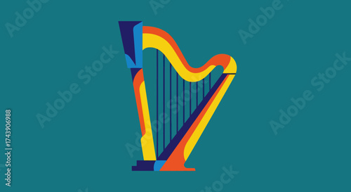 A colorful stylized harp illustration against a teal background
