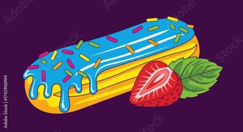 A vibrant eclair with blue icing, sprinkles, a strawberry, and a leaf on a purple background