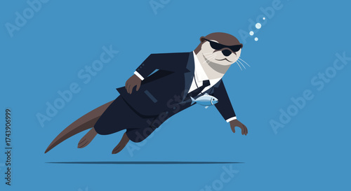 An otter in a suit swims underwater, wearing sunglasses and carrying a fish. Bubbles rise