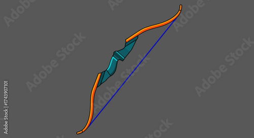 A stylized illustration of a bow, featuring teal body and orange trim with a blue bowstring