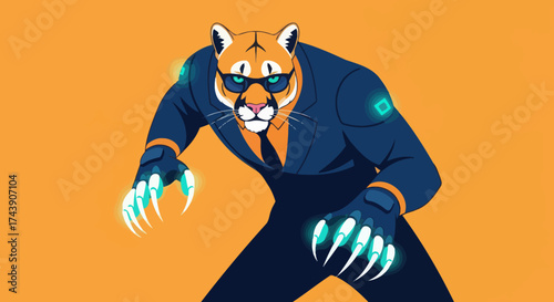 A anthropomorphic cougar in a suit, glasses, and glowing claws poses menacingly