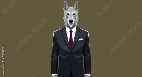 A pixelated wolf-head anthropomorphic figure wears a black suit with a maroon tie on a brown background