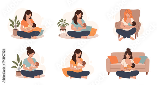 Peaceful moments with baby illustrations featuring nursing mothers in serene home settings, promoting bonding and healthy motherhood journeys