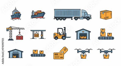 Collection of Logistics and Shipping Icons Featuring Ships, Trucks, Drones, and Warehouses.