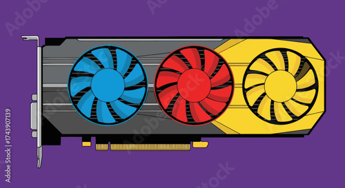 A stylized graphic card, featuring three cooling fans colored blue, red, and yellow