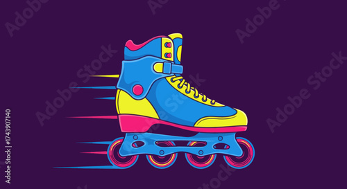 A neon-colored inline skate zooms across a dark purple background, with motion lines