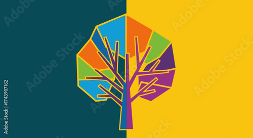 A symmetrical colorful tree illustration, segmented and outlined, split vertically across background