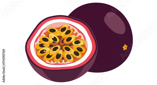 A vibrant illustration of a passion fruit, one halved to expose its seedy interior