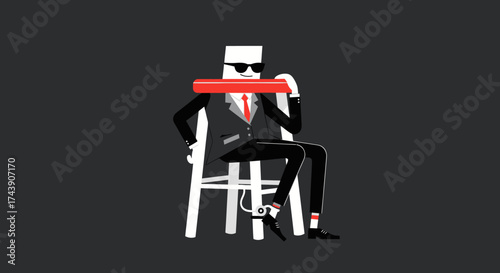 Geometric figure in suit, sunglasses, red tie, and cylinder, seated on a chair