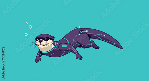 A digital otter with a visor swims in teal water, wearing a futuristic suit