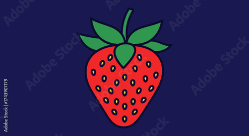 A vibrant cartoon strawberry against a dark blue backdrop, featuring red fruit, green leaves, and yellow seeds