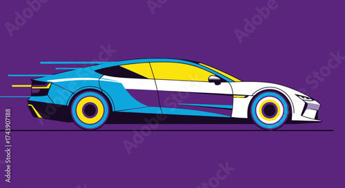 A stylized illustration of a modern sports car speeding across a purple background